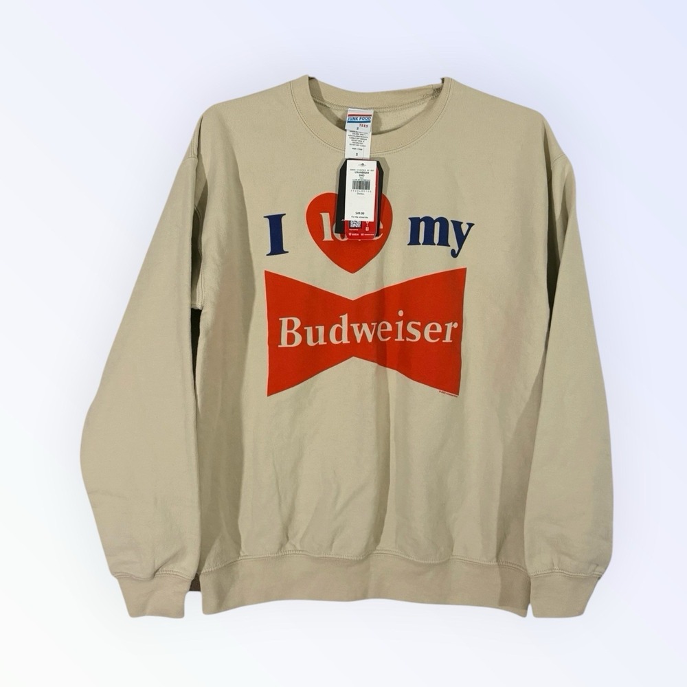 Budweiser Sweatshirt Mens Small Beige Crewneck Graphic I Love My Beer Junk Food